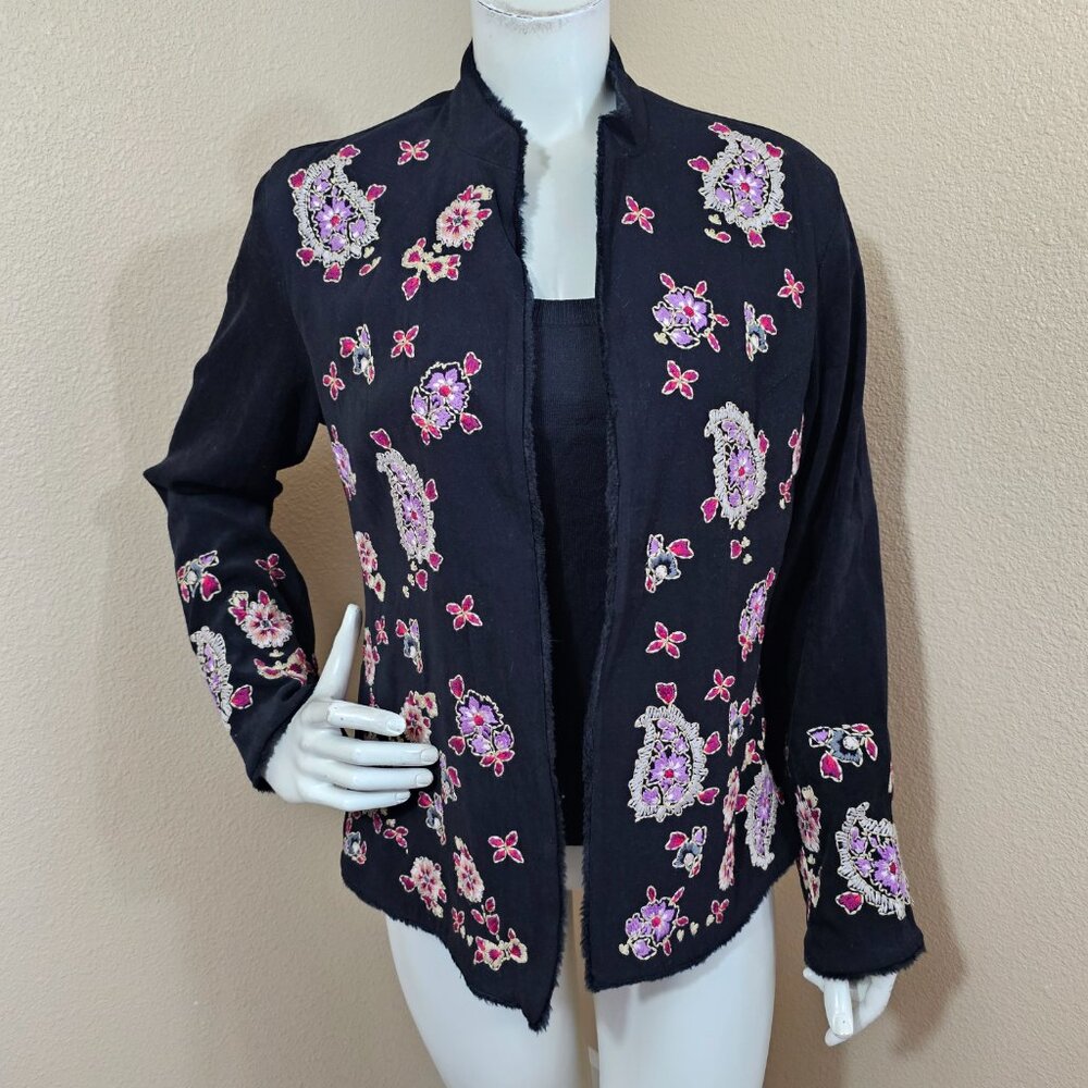 COLDWATER CREEK Black Floral Embroidered Open Front Jacket~Size S